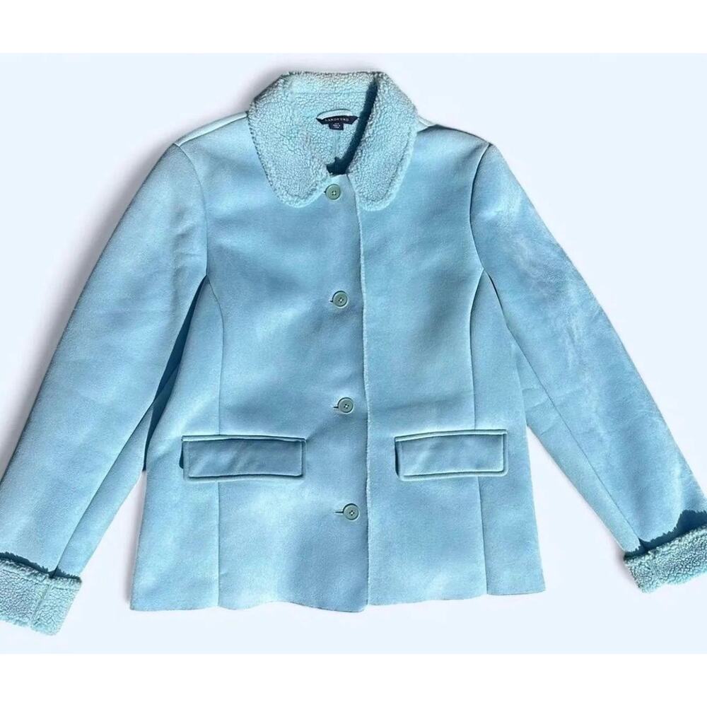 Lands' End M 10-12 Dusty Aqua Blue Ladies Faux Suede Sherpa Lined Coat Jacket